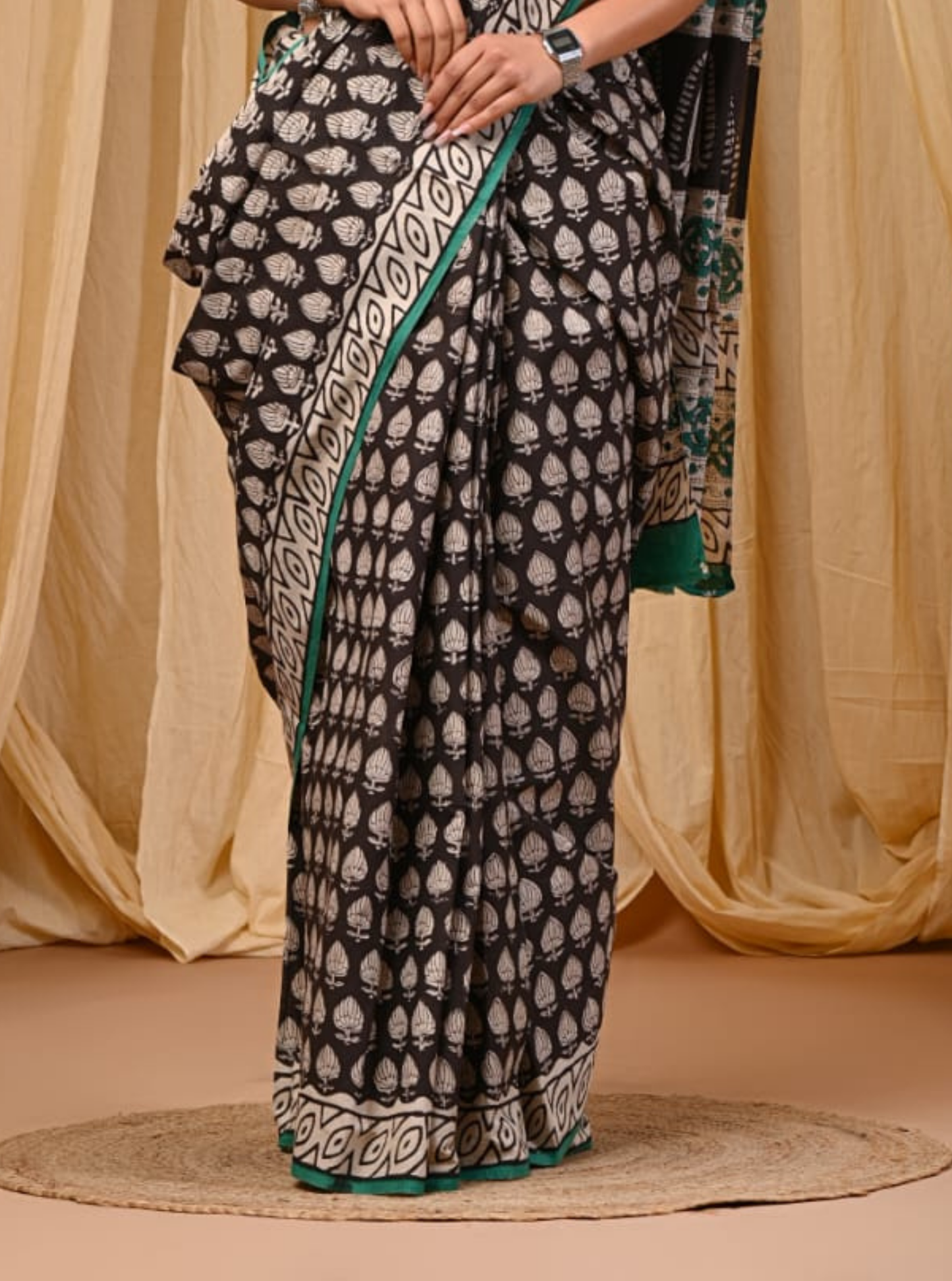 Black & Green Bagru Print Cotton Saree with Leaf Motifs