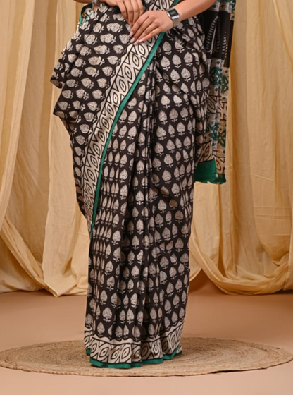 Black & Green Bagru Print Cotton Saree with Leaf Motifs