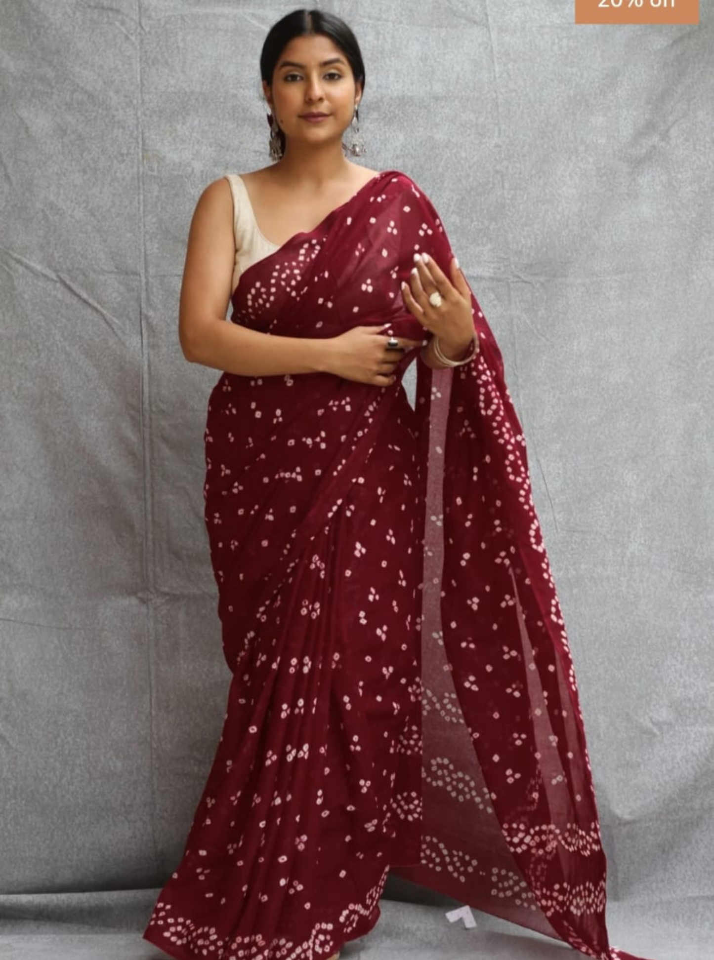 Deep Maroon Bagru Print Cotton Saree with Bandhani Dots
