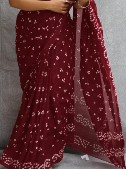 Deep Maroon Bagru Print Cotton Saree with Bandhani Dots