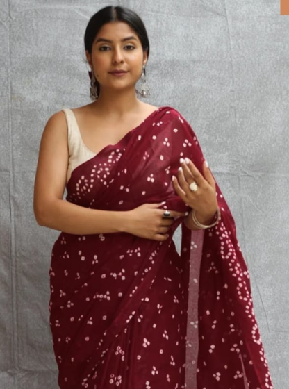 Deep Maroon Bagru Print Cotton Saree with Bandhani Dots
