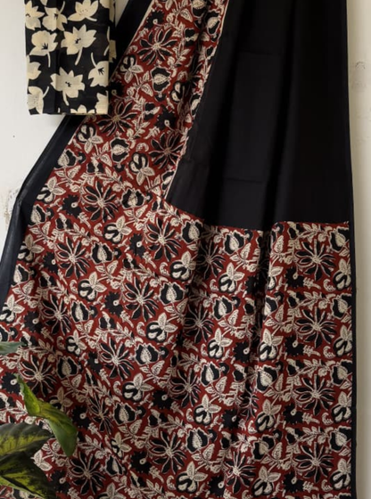 Black & Rust Bagru Print Cotton Saree with Floral Panel Design