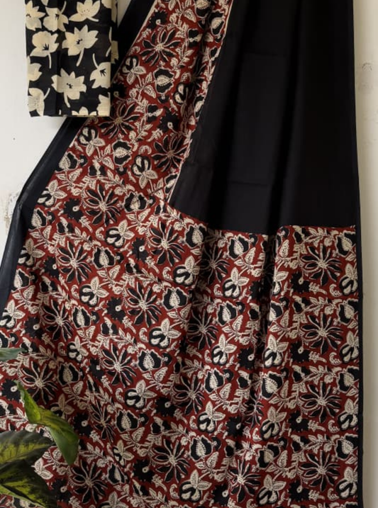 Black & Rust Bagru Print Cotton Saree with Floral Panel Design