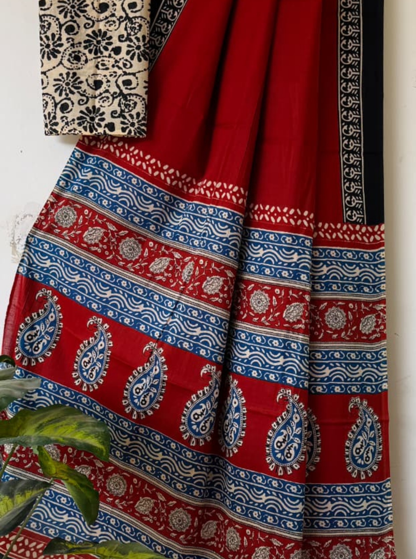 Red & Indigo Bagru Print Cotton Saree with Paisley Border