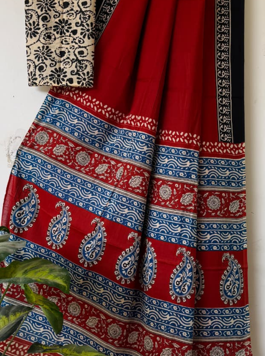 Red & Indigo Bagru Print Cotton Saree with Paisley Border