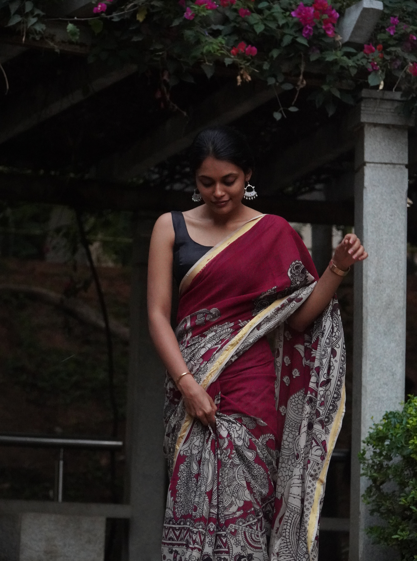 Grey Kota cotton Kalamkari Saree with Floral Art