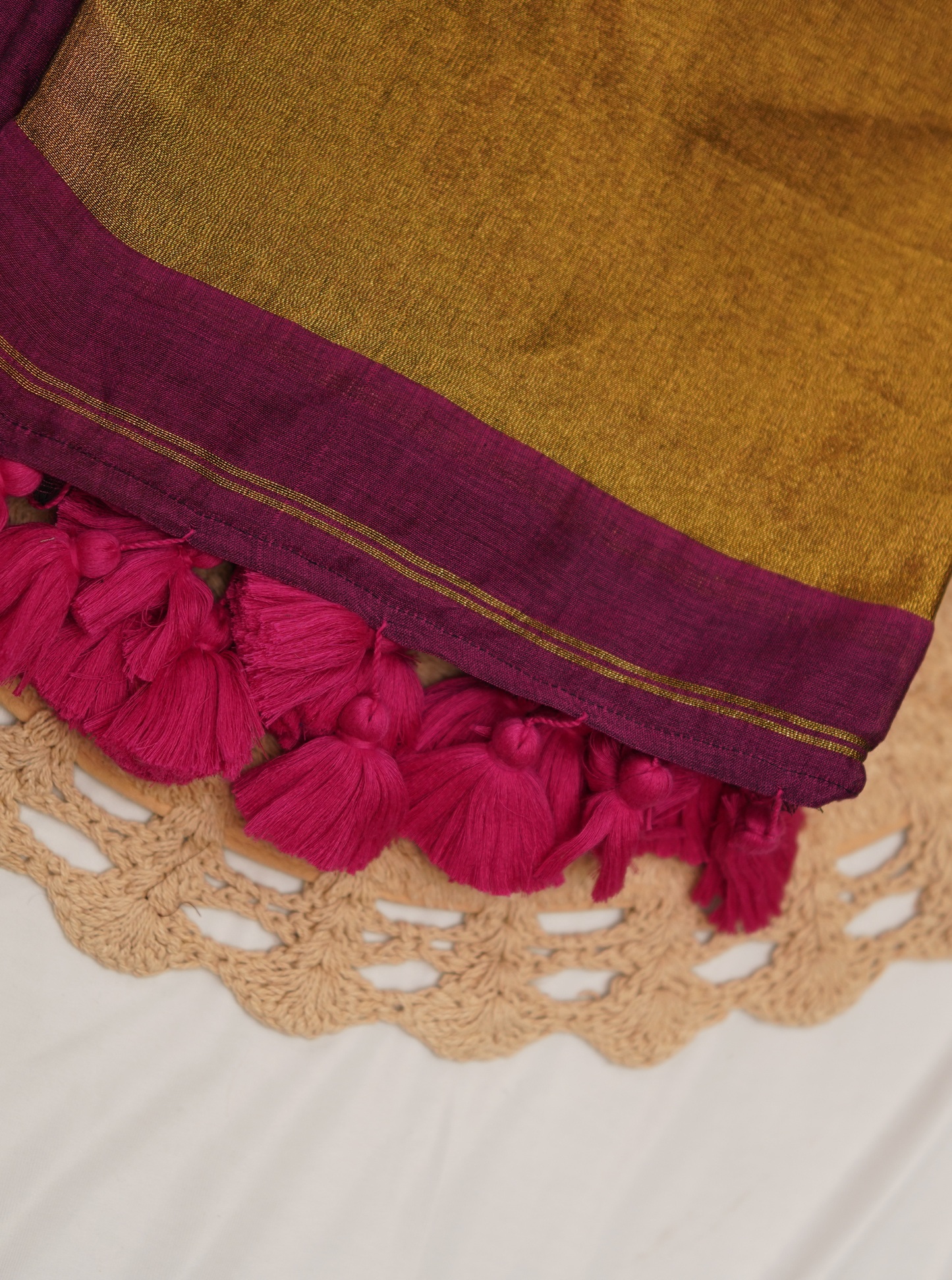 Mustard Gold Mul Cotton Saree with Magenta Border & Tassels