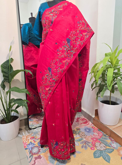 Crimson Red Tussar Saree with Bird & Floral Embroidery