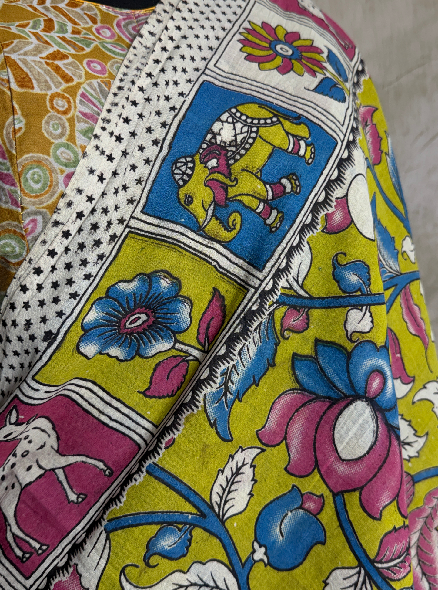 Lime Yellow Cotton Kalamkari Saree with Multicolor Floral Vine Motifs