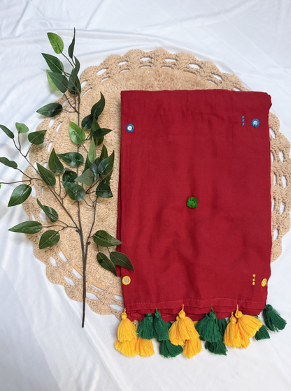 Vibrant Red Mul Cotton Saree with Contrast Tassels & Minimal Embroidery
