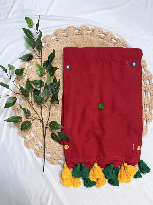 Vibrant Red Mul Cotton Saree with Contrast Tassels & Minimal Embroidery