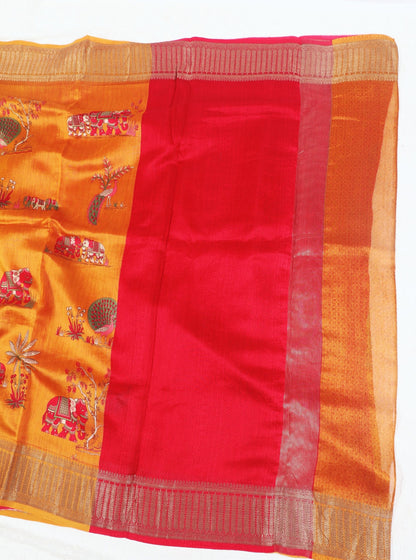 Mustard Yellow Chanderi Silk Saree with Royal Elephant Motifs & Red Contrast Blouse