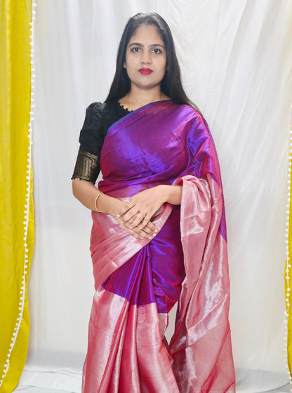 Royal Purple Tissue Cotton Saree with Soft Blush Pink Contrast Border