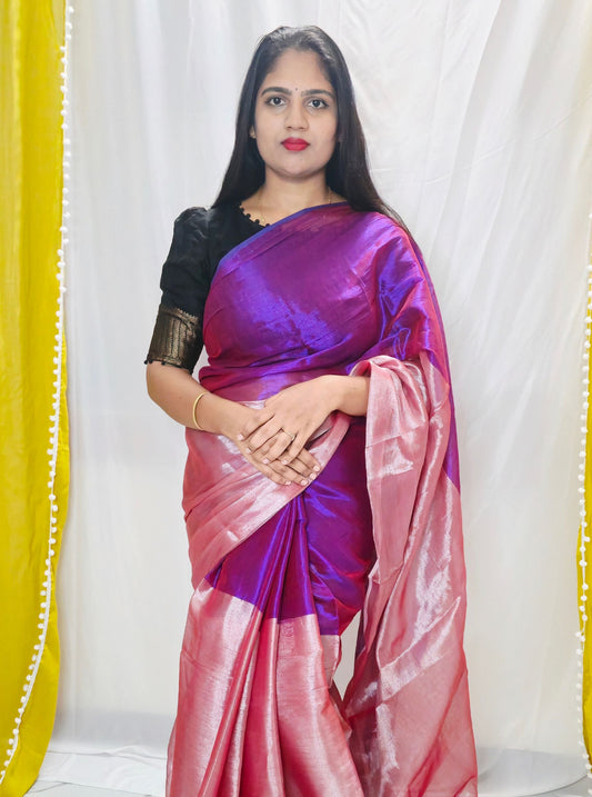 Royal Purple Tissue Cotton Saree with Soft Blush Pink Contrast Border