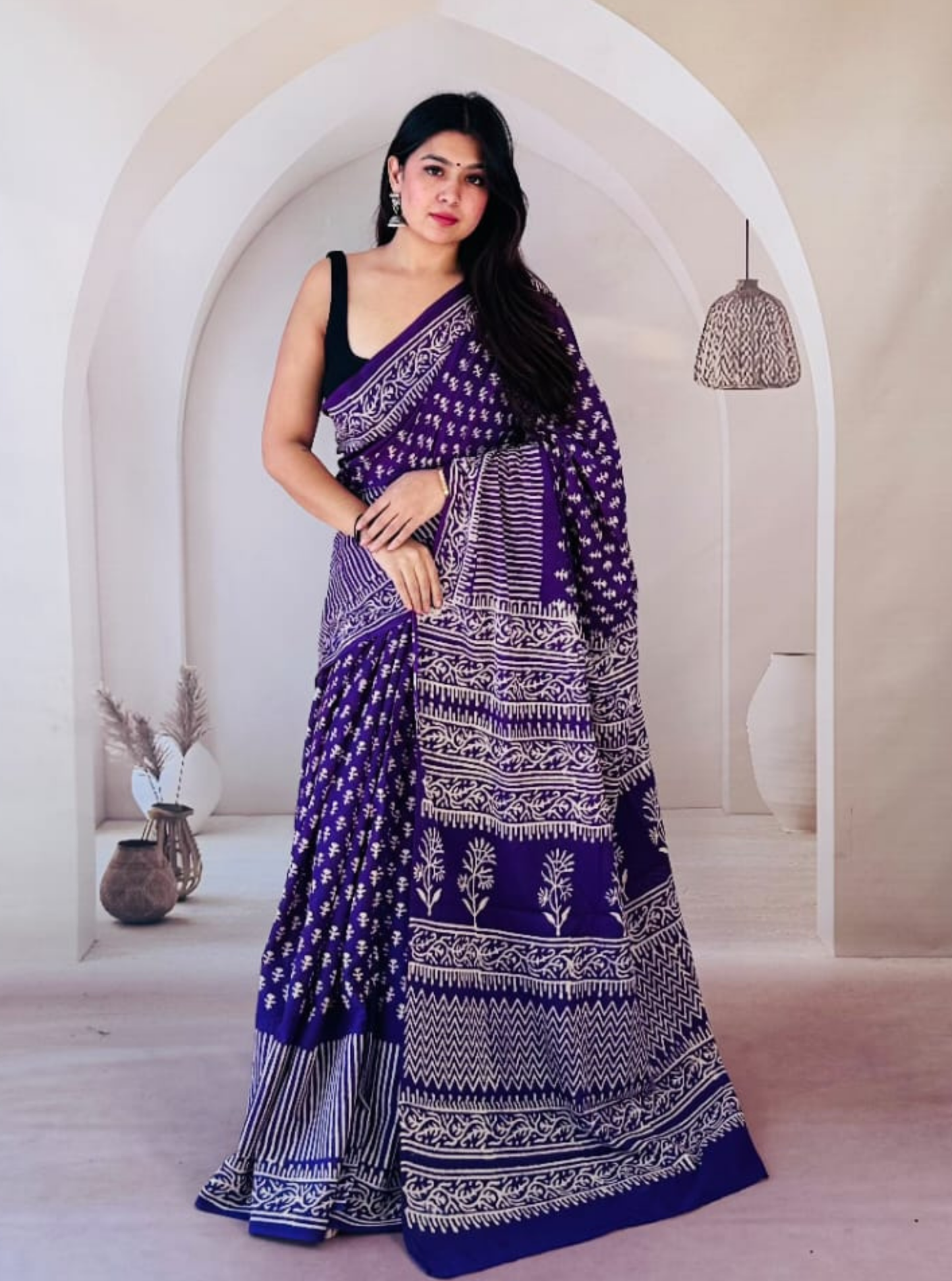 Royal Blue Cotton Jaipur Bagru Print Saree