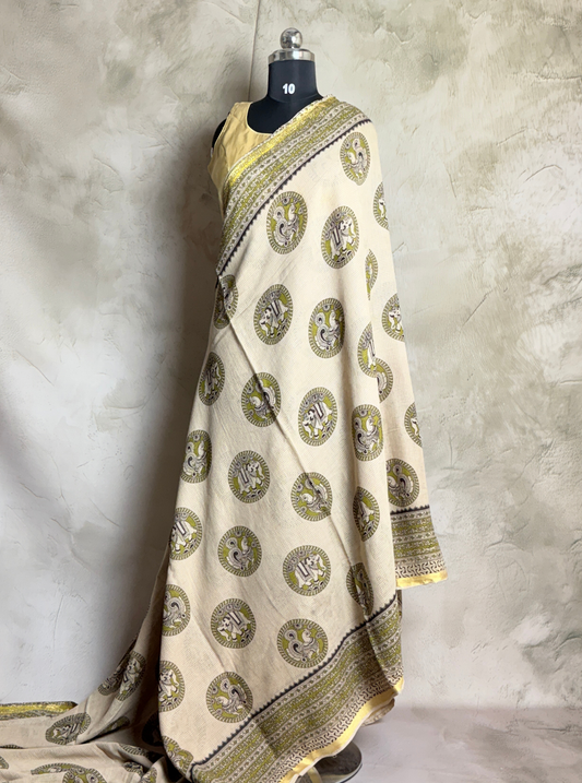 Ivory Kota Cotton Saree with Olive Green Circular Motifs & Ethnic Border