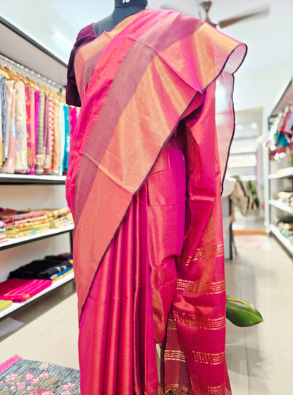 Elegant Pink Tissue Linen Saree with Gold Border & Contrast Stripes