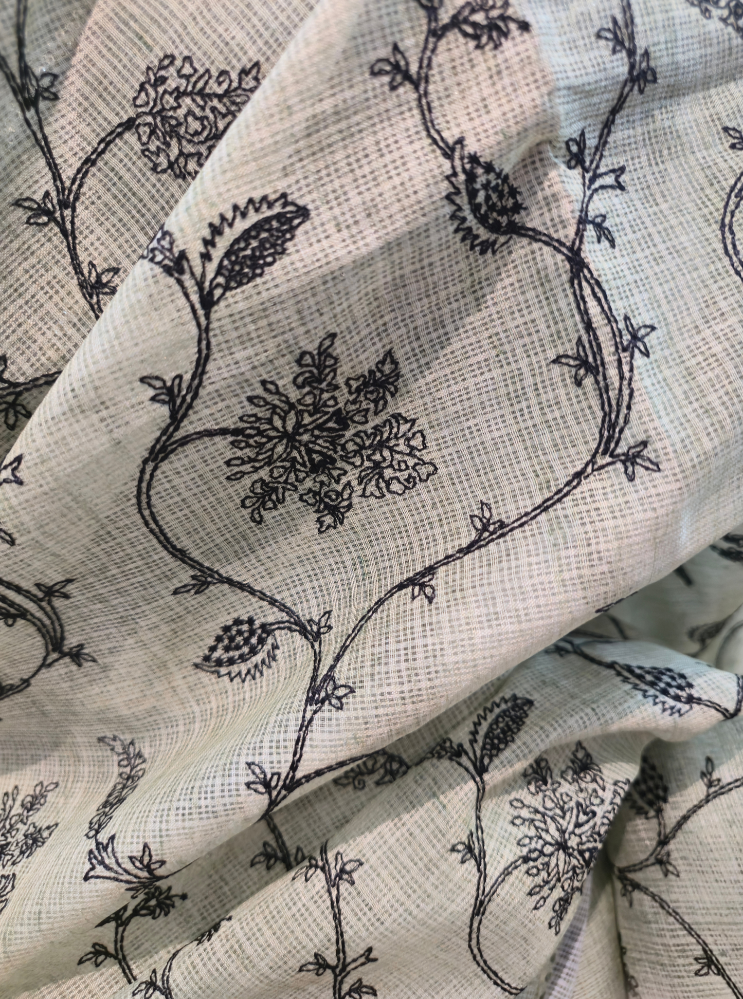 Pastel Green Kota Embroidery Saree with Delicate Floral Thread Work