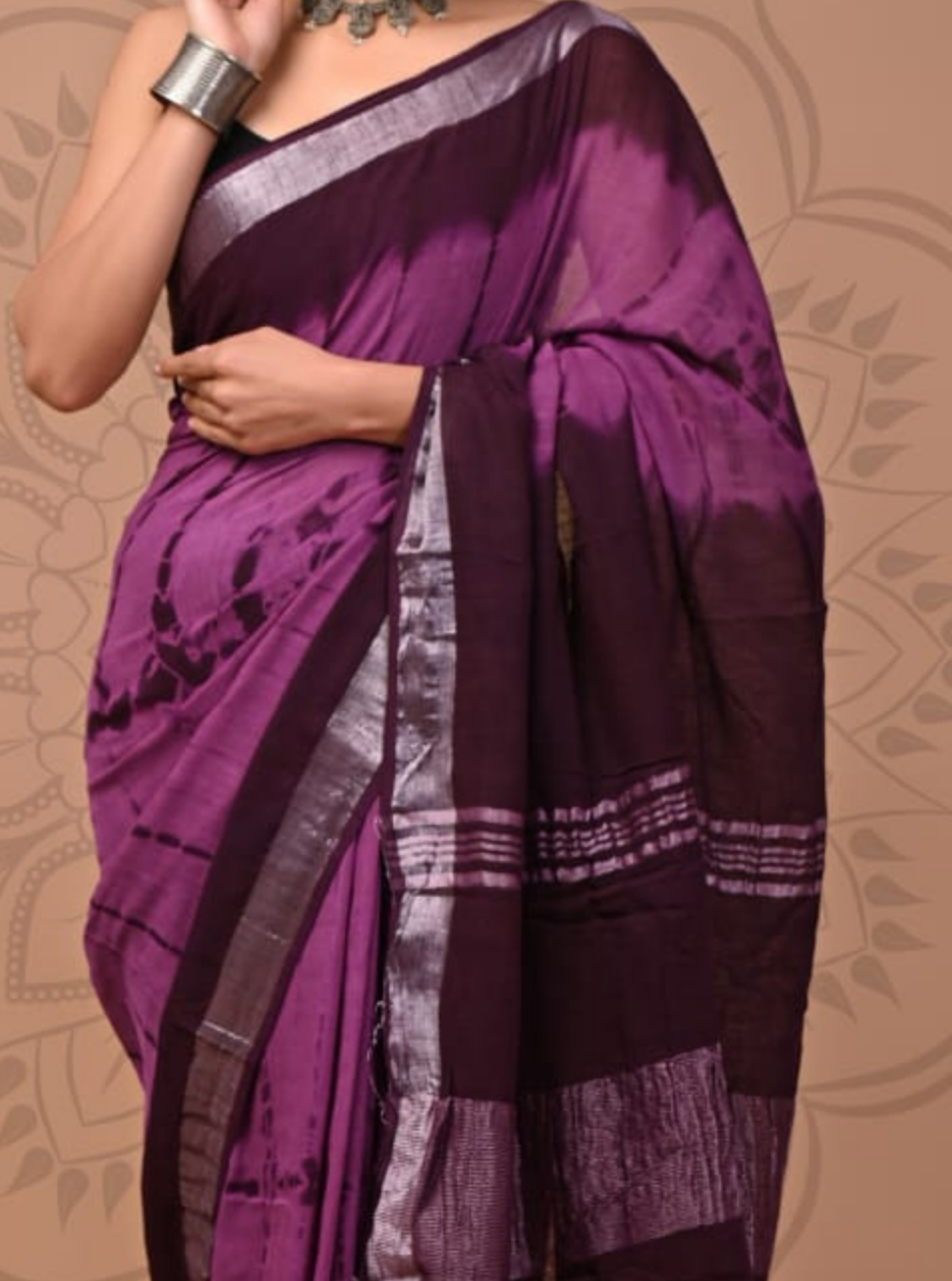 Plum Purple Cotton Linen Saree with Silver Border