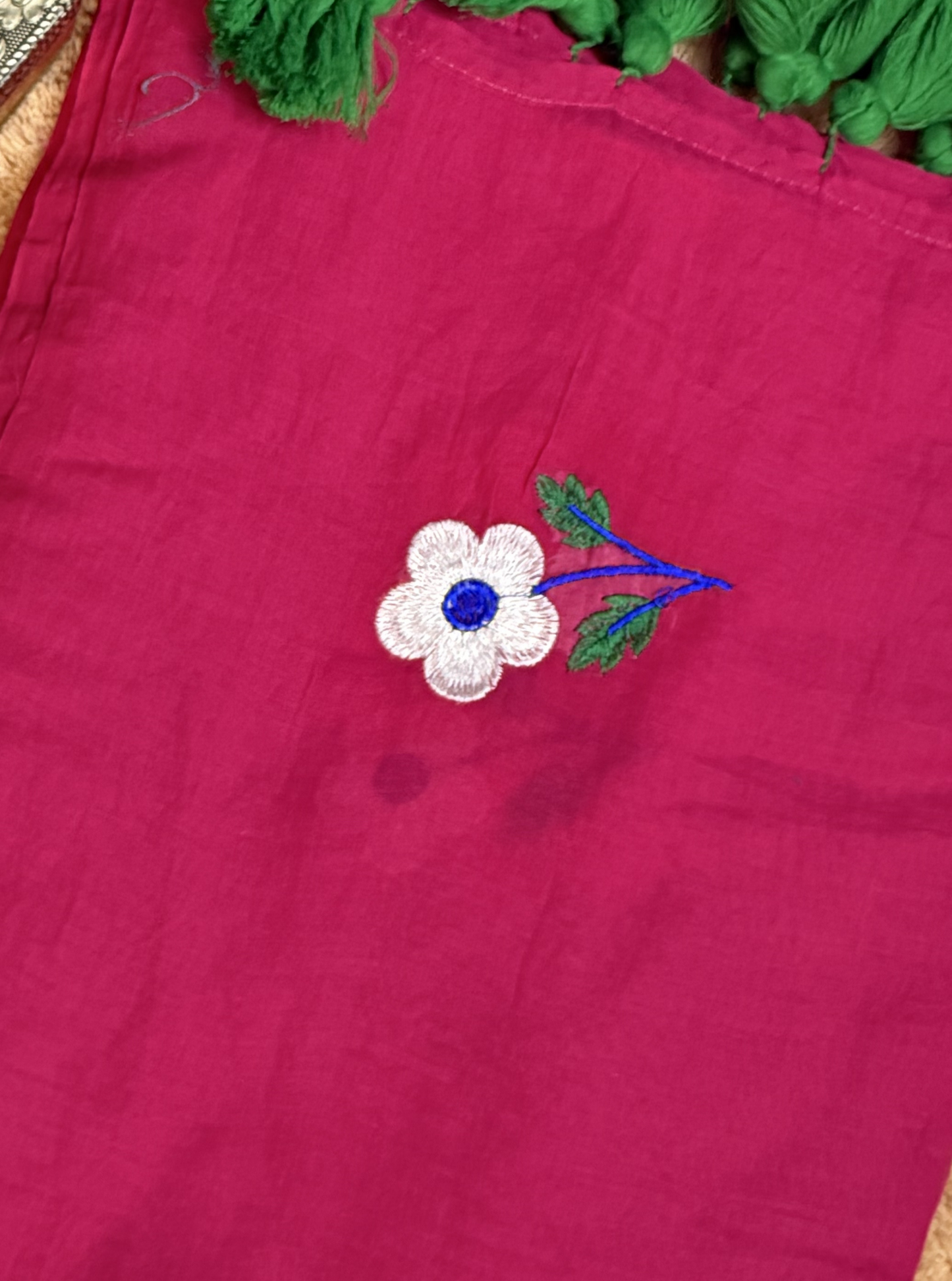 Blossom Pink Mul Cotton Saree with Floral Embroidery & Green Tassels