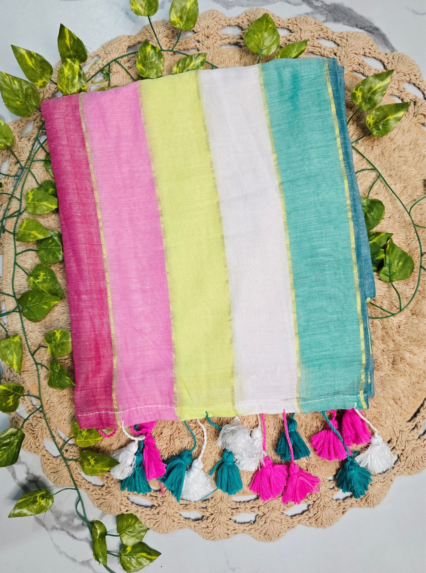 Pastel Stripe Mul Cotton Saree with Gold Accents & Multicolor Tassels