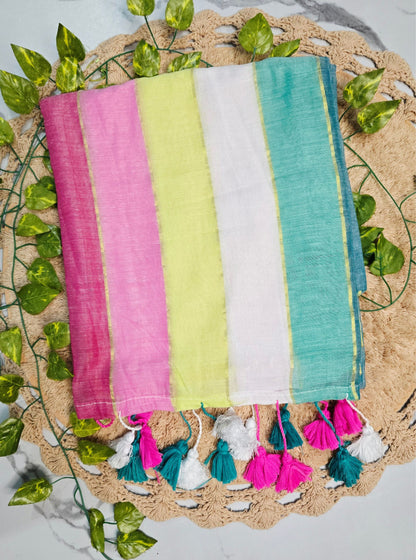 Pastel Stripe Mul Cotton Saree with Gold Accents & Multicolor Tassels