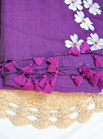Royal Violet Mul Cotton Saree with Floral Trail Design & Tassel Pallu