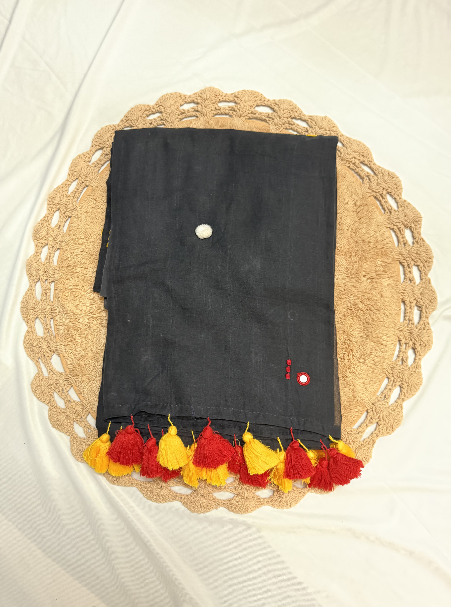 Elegant Black Mul Cotton Saree with Minimal Motifs & Contrast Tassels