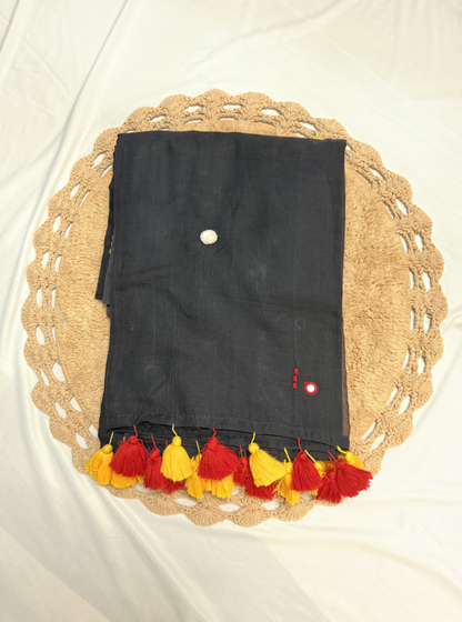 Elegant Black Mul Cotton Saree with Minimal Motifs & Contrast Tassels
