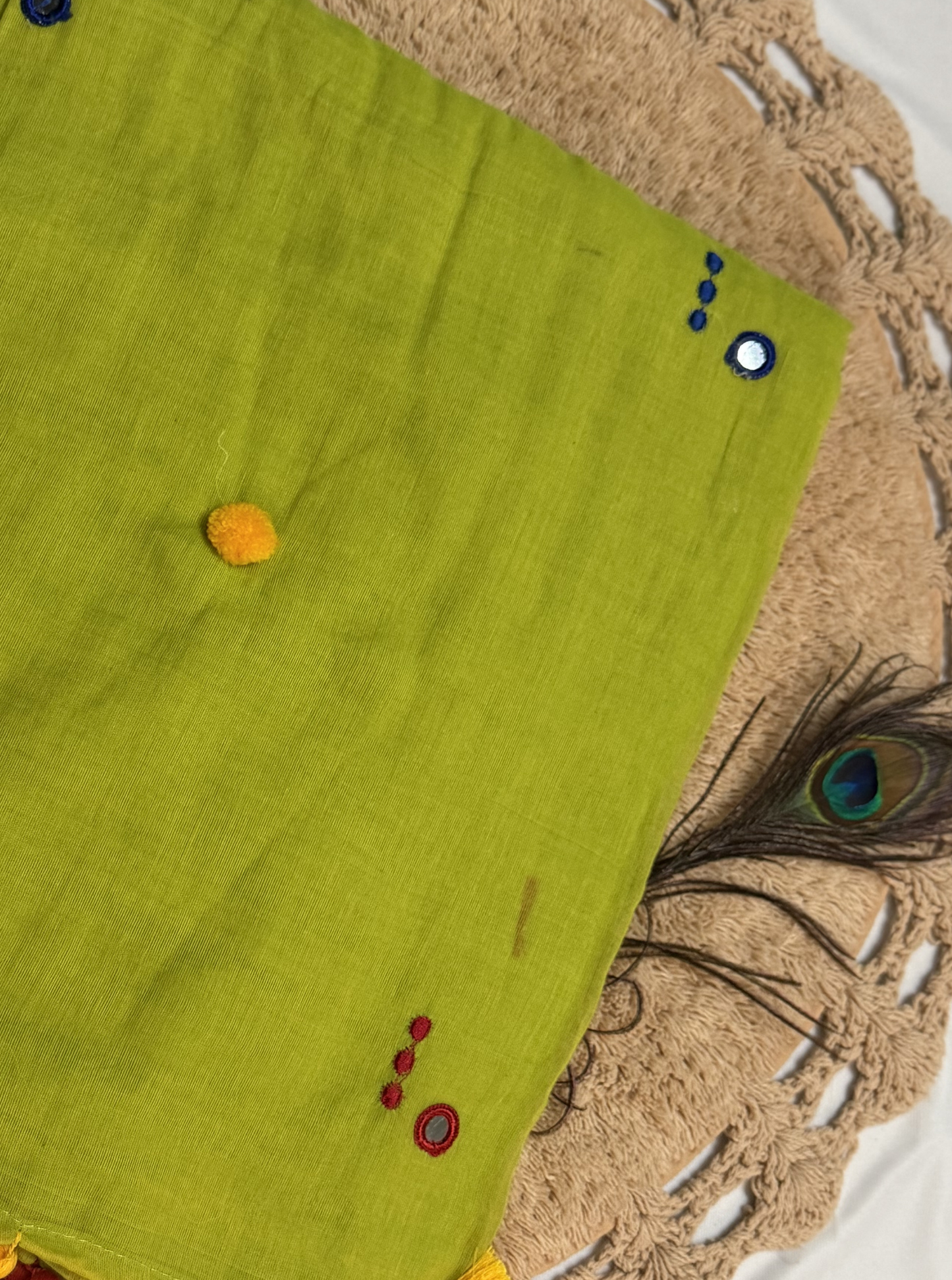 Parrot Green Mul Cotton Saree with Red & Yellow Tassels