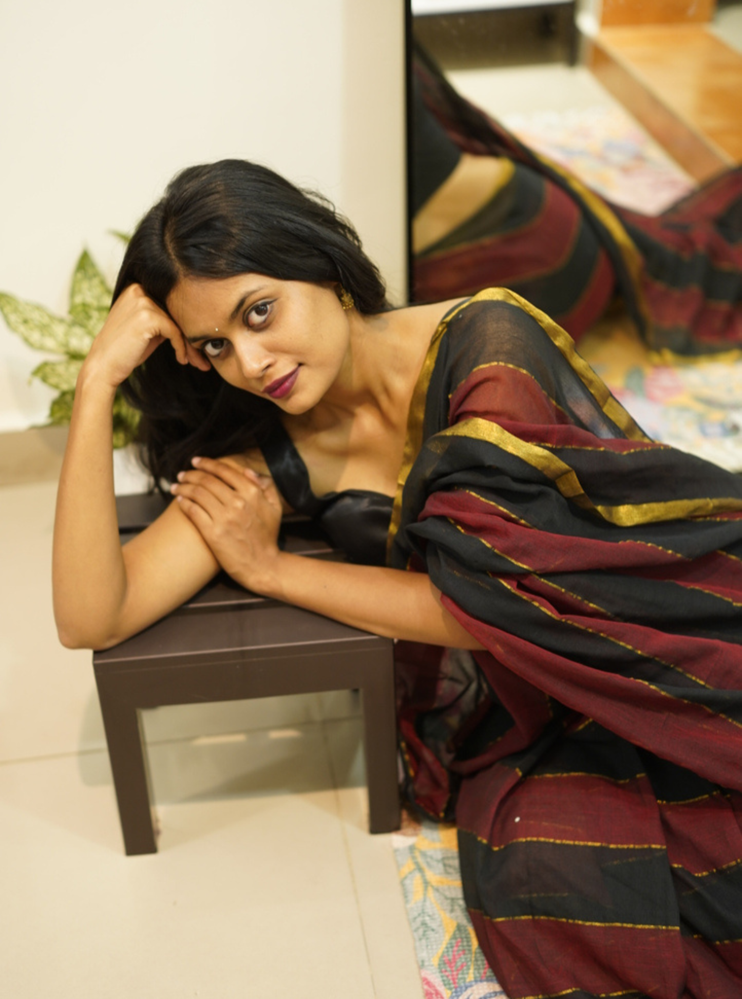Black & Maroon Striped Mul Cotton Saree with Subtle Gold Border