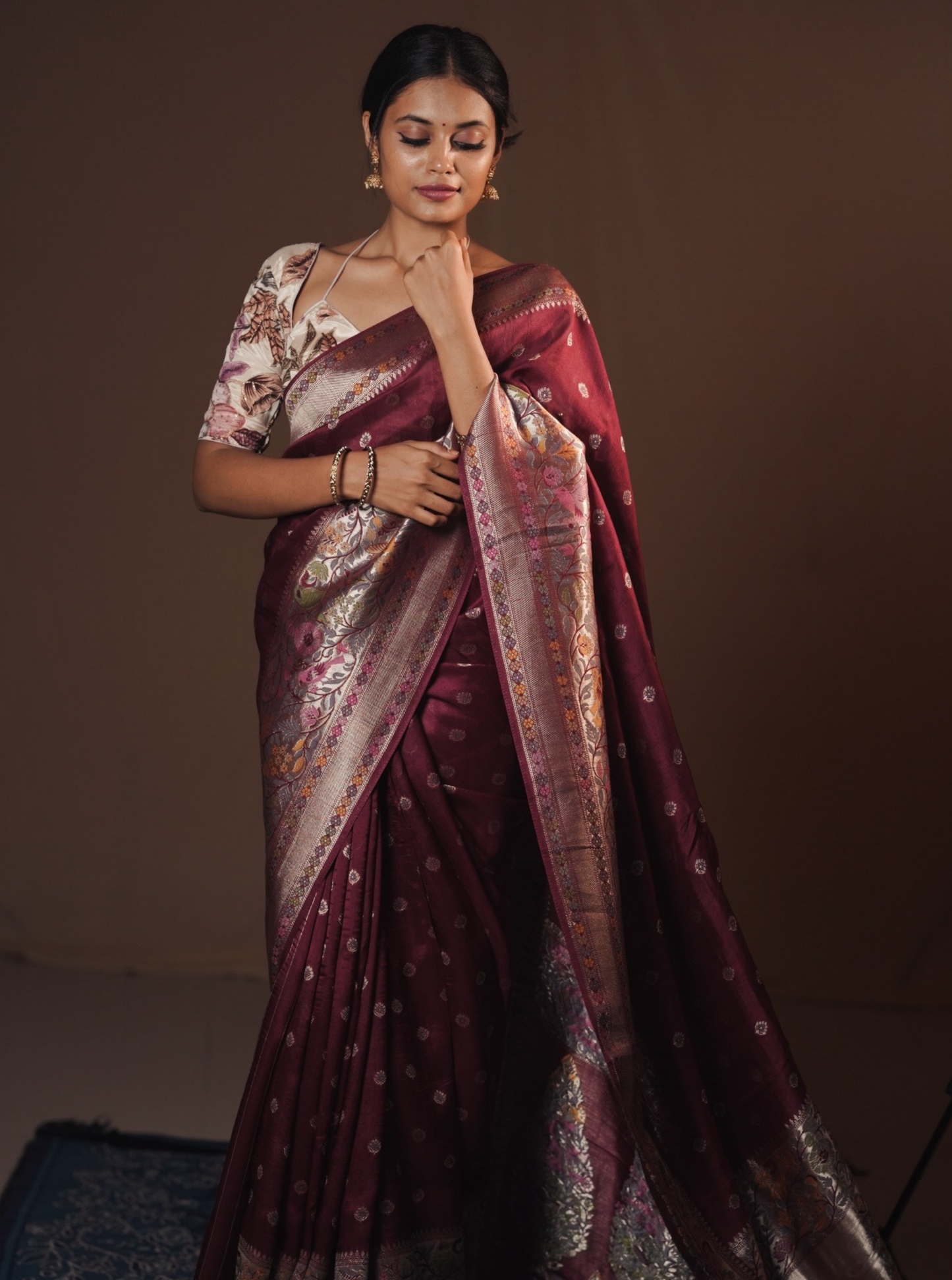 Elegant Wine Tussar Silk Saree with Woven Zari Motifs