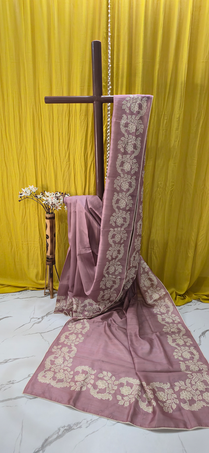 Elegant Pastel Pink Tussar Silk Saree with Applique Design Border for Festive Wear