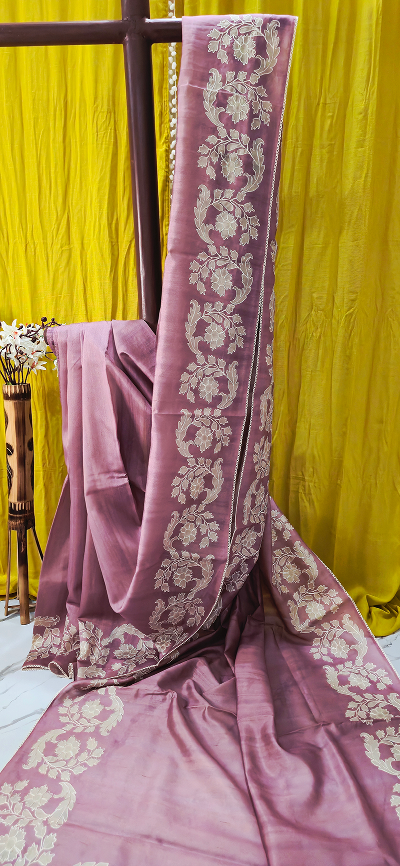 Elegant Pastel Pink Tussar Silk Saree with Applique Design Border for Festive Wear