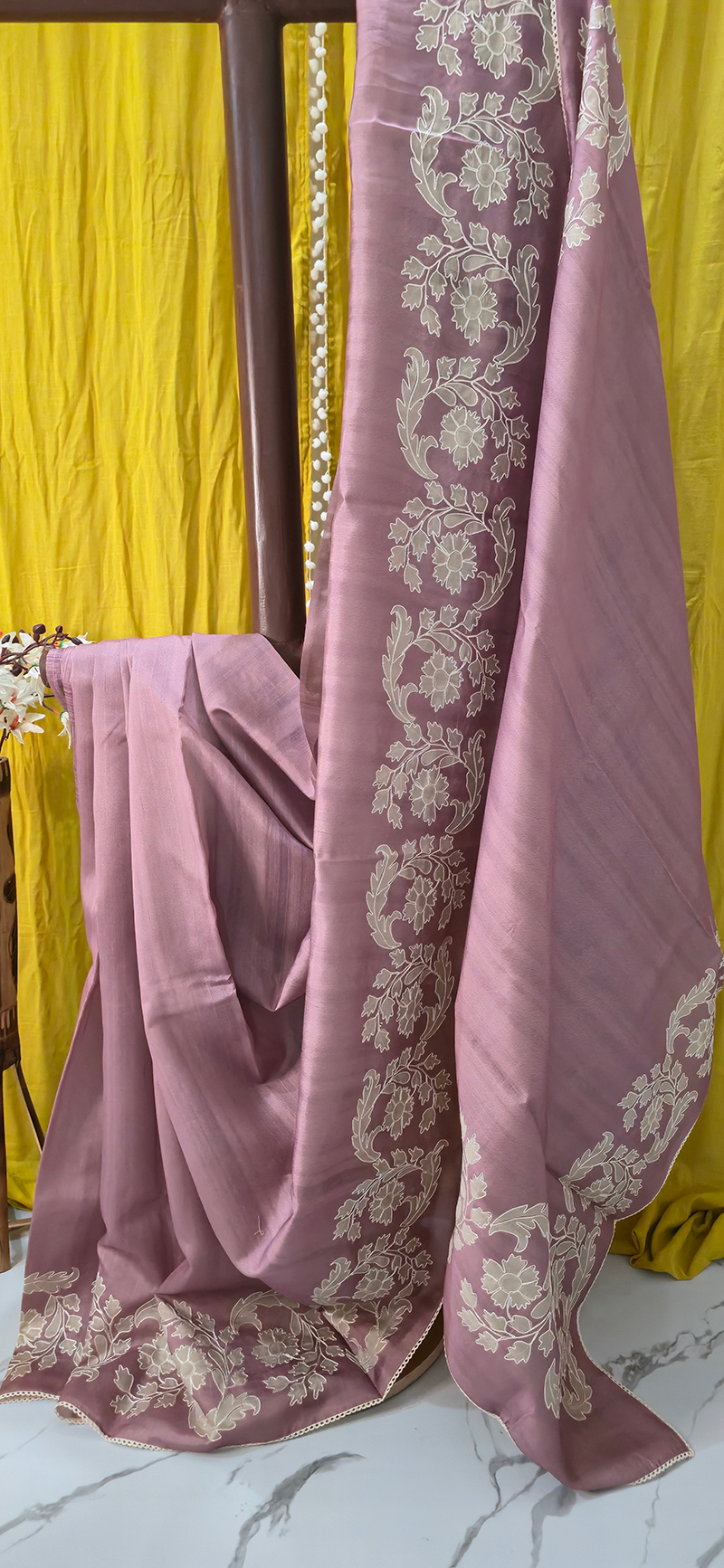 Elegant Pastel Pink Tussar Silk Saree with Applique Design Border for Festive Wear