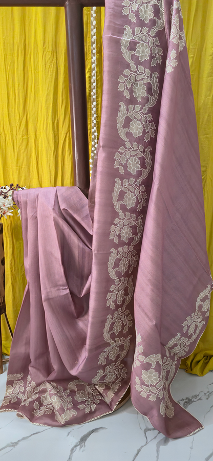 Elegant Pastel Pink Tussar Silk Saree with Applique Design Border for Festive Wear