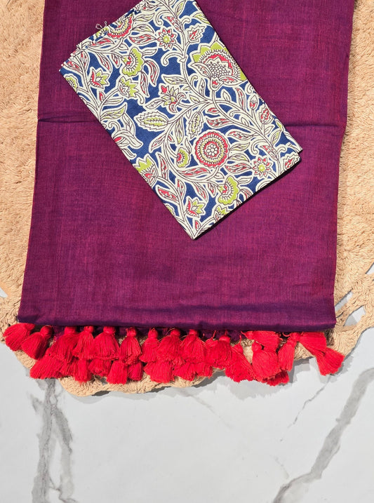 Plum Mul Cotton Saree with Red Tasselled Pallu & Floral Printed Blouse