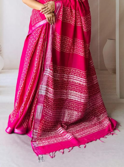 Rani Pink Hand-Printed Linen Cotton Saree with Traditional Linear Motifs
