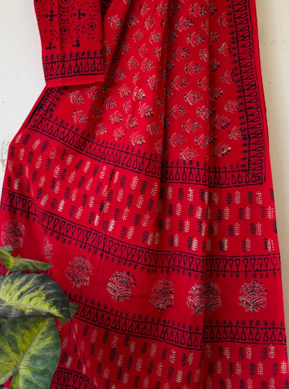 Classic Red Bagru Print Cotton Saree with Tribal Borders