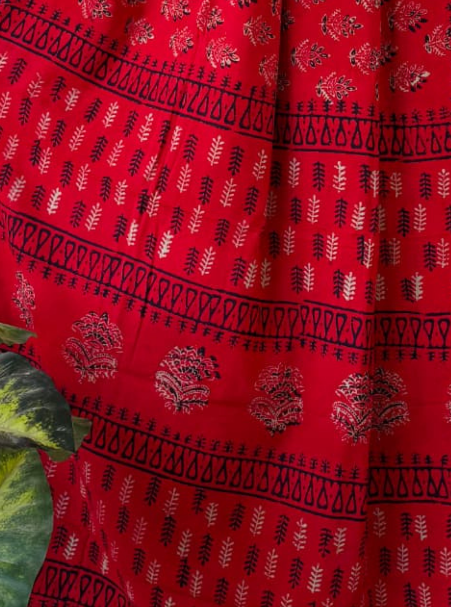 Classic Red Bagru Print Cotton Saree with Tribal Borders