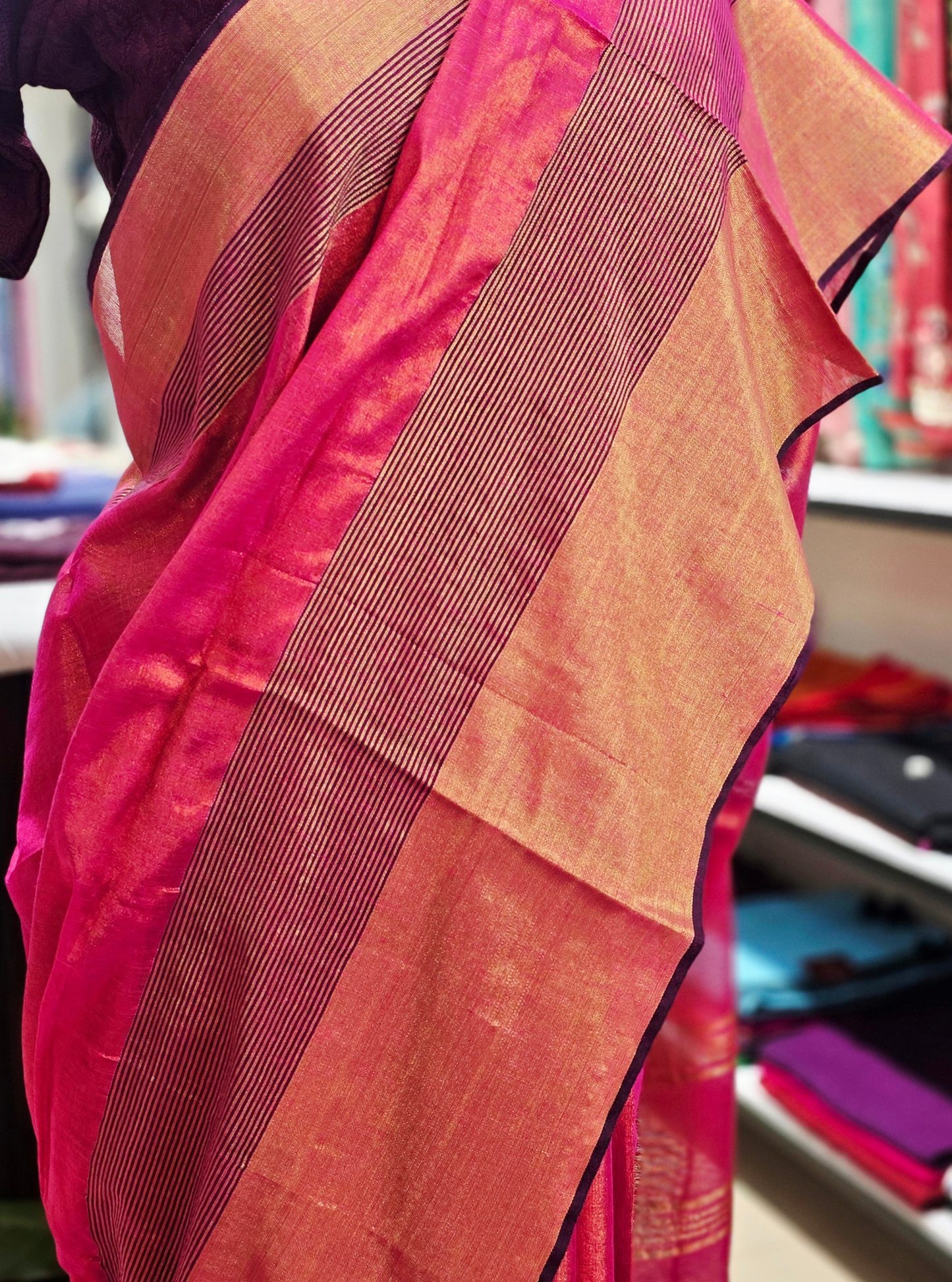 Elegant Pink Tissue Linen Saree with Gold Border & Contrast Stripes