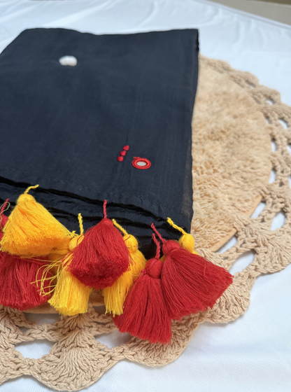 Elegant Black Mul Cotton Saree with Minimal Motifs & Contrast Tassels