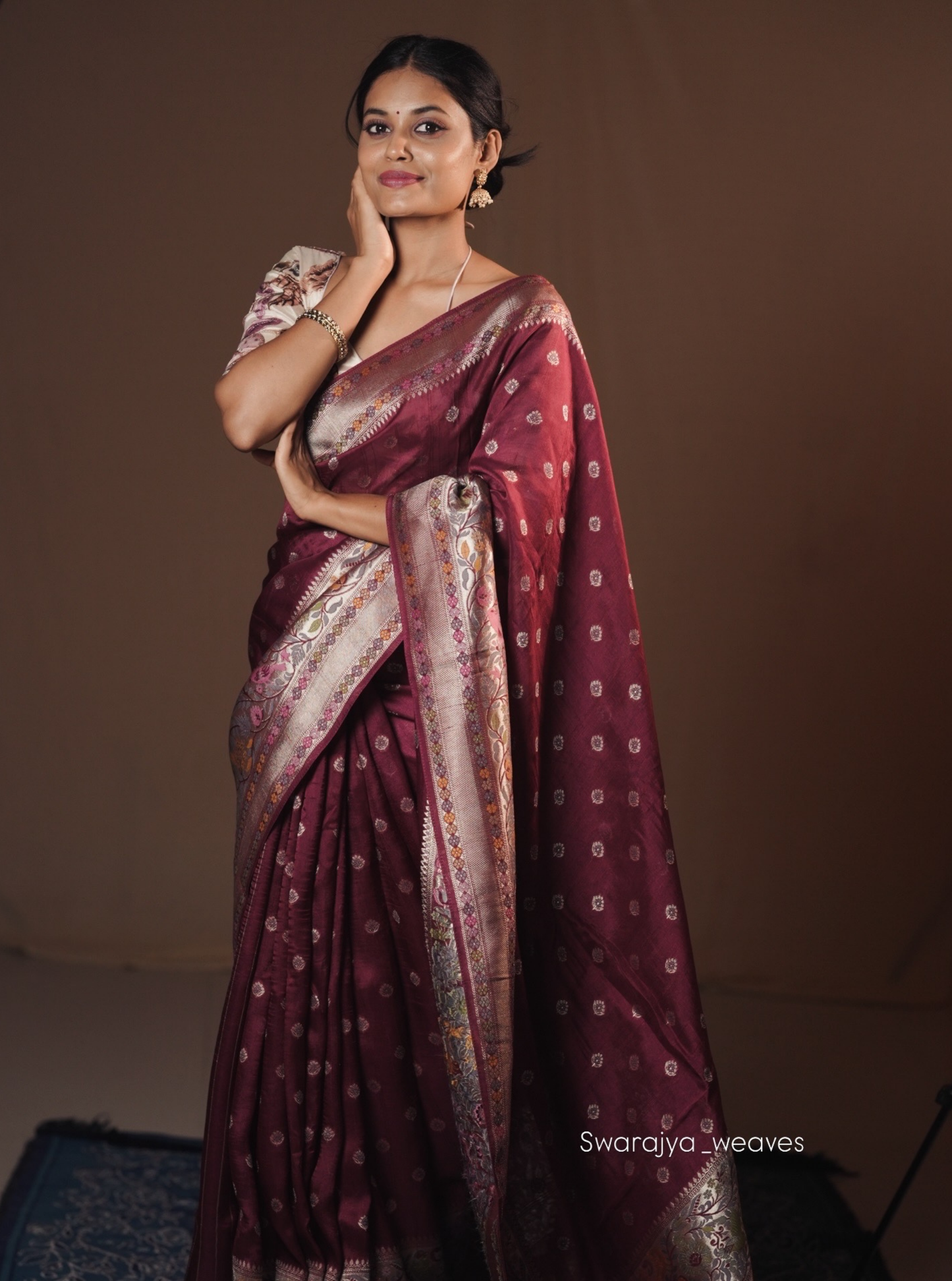 Elegant Wine Tussar Silk Saree with Woven Zari Motifs