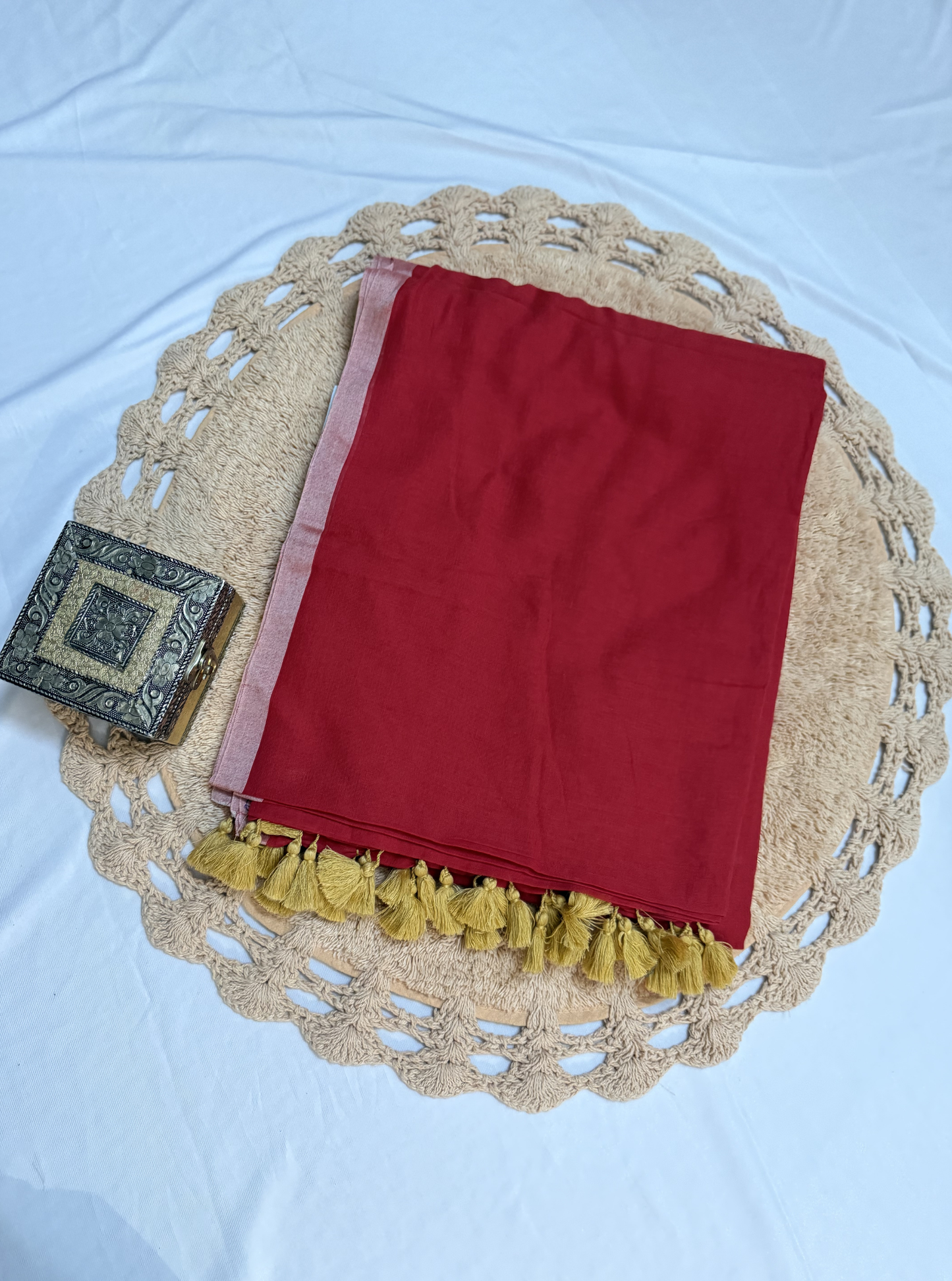 Crimson Red Mul Cotton Saree with Golden Tassel Pallu