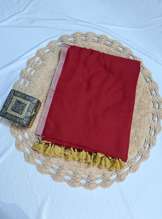 Crimson Red Mul Cotton Saree with Golden Tassel Pallu