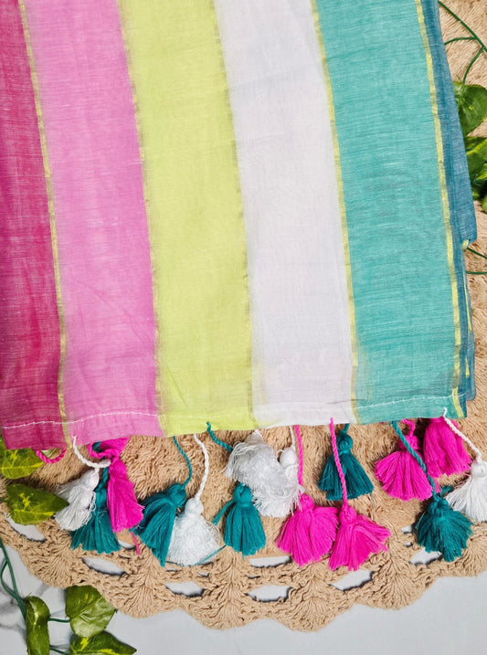 Pastel Stripe Mul Cotton Saree with Gold Accents & Multicolor Tassels