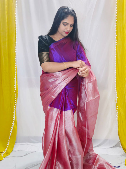 Royal Purple Tissue Cotton Saree with Soft Blush Pink Contrast Border