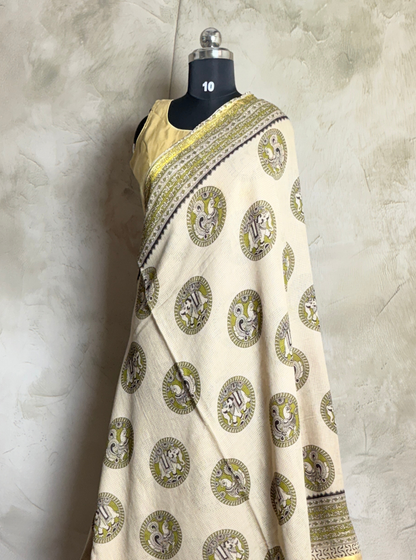 Ivory Kota Cotton Saree with Olive Green Circular Motifs & Ethnic Border