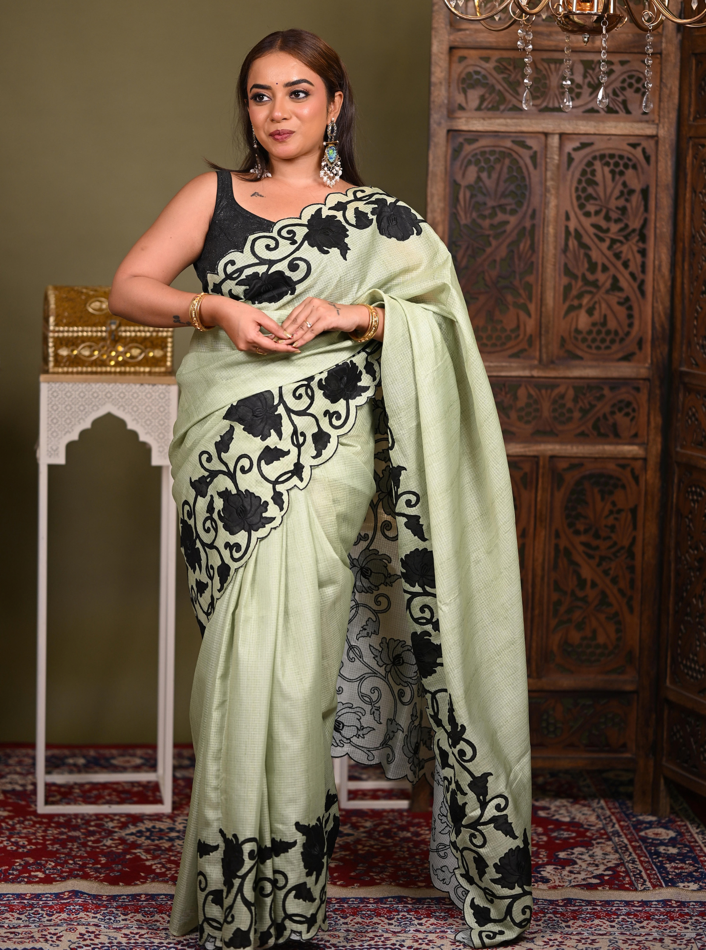 Sage Green Kota Applique Cutwork Saree with Black Floral Border
