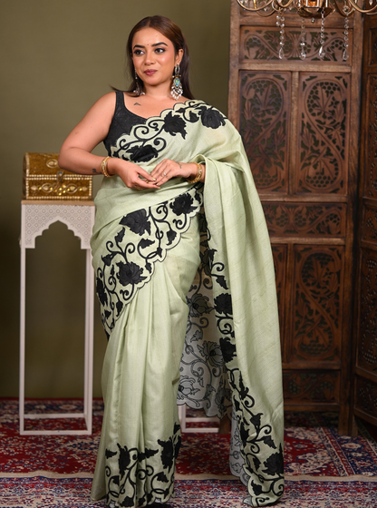 Sage Green Kota Applique Cutwork Saree with Black Floral Border